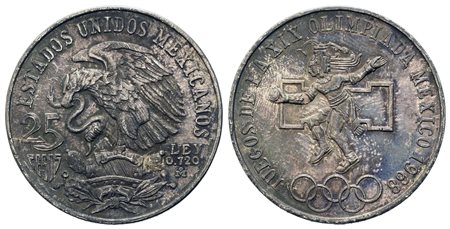 MESSICO. 25 Pesos 1968. Commemorativa Olimpiadi. Ag 720 (22,4 g). SPL/FDC....