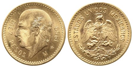 MESSICO. 10 pesos 1959. Au titolo 900 (8,30 g). qFDC