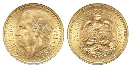 MESSICO. 2,5 pesos 1945. Au titolo 900 (2,083 g). FDC