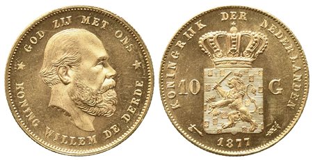 PAESI BASSI. Willelm 10 Gulden 1877. Au (6,72 g). qFDC