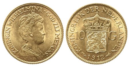 PAESI BASSI. Wilhelmina 10 Gulden 1912. Au (6,72 g). qFDC