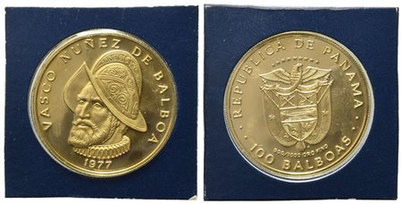 PANAMA. 100 balboas 1977. Vasco Nunez Balboa. Au titolo 900 (8,16 g). PROOF