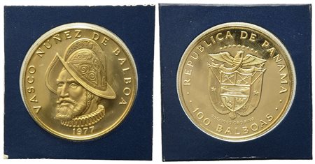 PANAMA. 100 balboas 1977. Vasco Nunez Balboa. Au titolo 900 (8,16 g). PROOF
