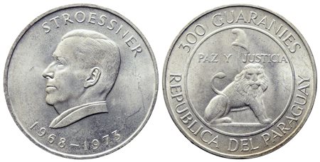 PARAGUAY. 300 guaranies 1973 Presidente Stroessner. Ag (26,41 g). KM#29. qSPL