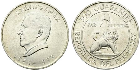 PARAGUAY. 300 guaranies 1973 Presidente Stroessner. Ag (26,41 g). KM#29. qFDC