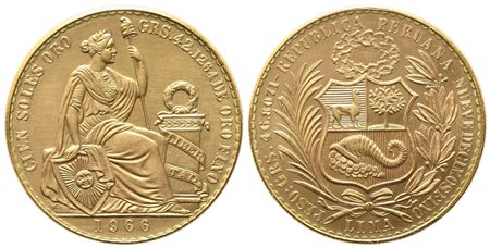 PERU'. 100 soles de oro 1966. Au titolo 900 (46,81 g, di cui 42,12 di oro...