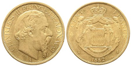 PRINCIPATO DI MONACO. Carlo III (1856-1889). 100 Franchi 1882. Au (34,5 mm –...