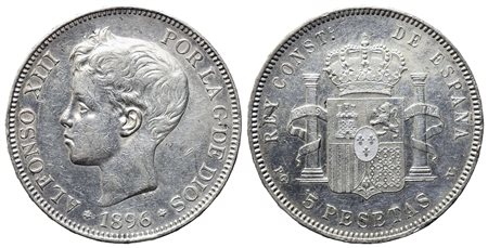 SPAGNA. Alfonso XIII (1886-1931). 5 pesetas 1896. Ag. SPL, colpetto al bordo.