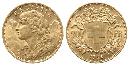 SVIZZERA. 20 franchi 1922. Au (6,45 g). qFDC