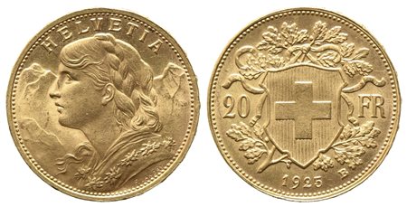 SVIZZERA. 20 franchi 1925. Au (6,45 g). qFDC