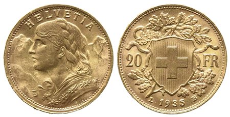 SVIZZERA. 20 franchi 1935. Au (6,45 g). qFDC