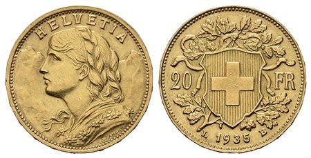 SVIZZERA. 20 franchi 1935. LB. Au (21 mm – 6,46 g). KM#35.1. SPL/FDC