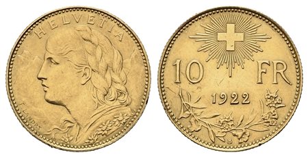 SVIZZERA. 10 franchi 1922. B. Au (18,95 mm – 3,22 g). SPL