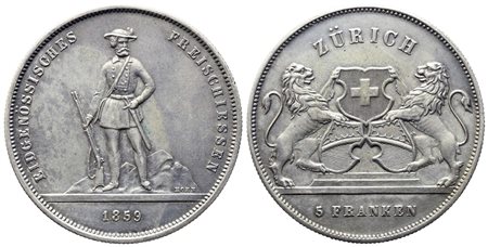 SVIZZERA. 5 franchi tiri federali. Zurigo 1859. Ag (24,86 g). Tiratura di...