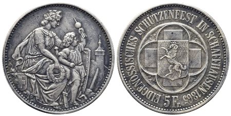 SVIZZERA. 5 franchi tiri federali di Sciaffusa 1865. Ag (24,98 g). R. BB/qSPL.