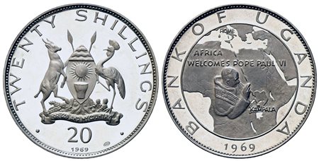 UGANDA. 20 Shillings 1969. Ag. Visita di Papa Paolo VI. Stemma nazionale R/...