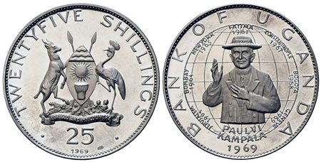 UGANDA. 25 Shillings 1969. Ag. Visita di papa Paolo VI. Stemma nazionale R/...