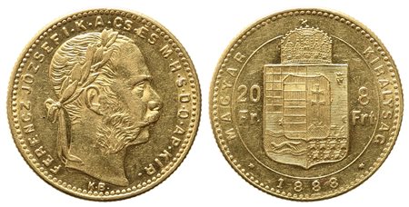 UNGHERIA. Francesco Giuseppe (1848-1916). 8 Fiorini/20 Franchi 1888. Au (6,45...