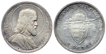 UNGHERIA. 5 pengo 1938. Commemorativa per i 900 anni dalla morte di Stefano...
