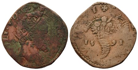 NAPOLI. Regno di Napoli. Filippo II di Spagna (1556-1598). Tornese 1591. Cu...