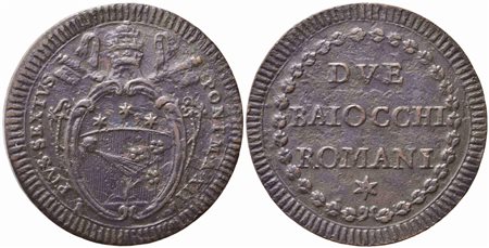 ROMA. Stato Pontificio. Pio VI (1775-1799). 2 Baiocchi anno XII. Cu (22,65...