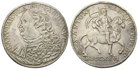 PIACENZA RANUCCIO II FARNESE (1646-1694). Ducatone 1676. D/ Busto corazzato R/ S. Antonino a cavallo con vessillo. MIR 1173 Ag 31,65gr . RRR. Leggerissime tracce di appiccagnolo abilmente rimosso. BB