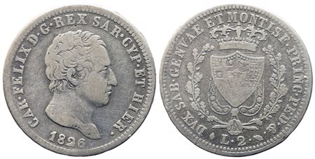 REGNO DI SARDEGNA. Carlo Felice (1821-1831). 2 lire 1826. Torino. Ag. R....