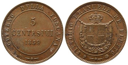 RE ELETTO. Vittorio Emanuele II (1859-1860). 5 centesimi 1859. Cu. SPL