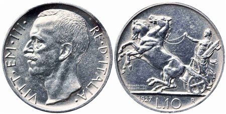REGNO D'ITALIA. Vittorio Emanuele III (1900-1943). 10 lire 1927 ** due...
