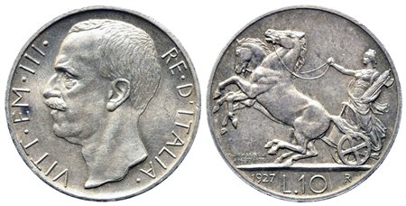 REGNO D'ITALIA. Vittorio Emanuele III (1900-1943). 10 lire 1927 "Biga". Ag...