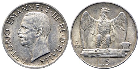 REGNO D'ITALIA. Vittorio Emanuele III (1900-1943). 5 lire 1928 - 2 rosette....