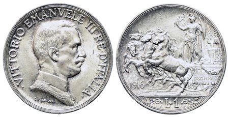 REGNO D'ITALIA. Vittorio Emanuele III (1900-1943). 1 lira 1916 "quadriga...
