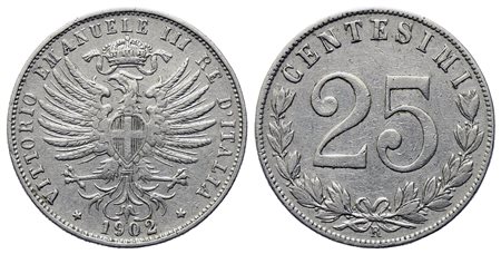 REGNO D'ITALIA. Vittorio Emanuele III (1900-1943). 25 centesimi 1902 "aquila...