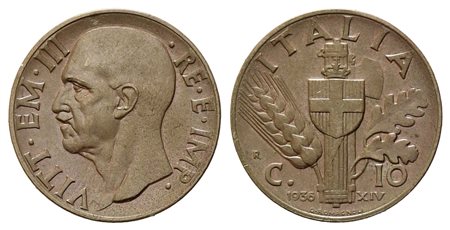 REGNO D'ITALIA. Vittorio Emanuele III (1900-1943). 10 centesimi 1936. Cu. SPL+