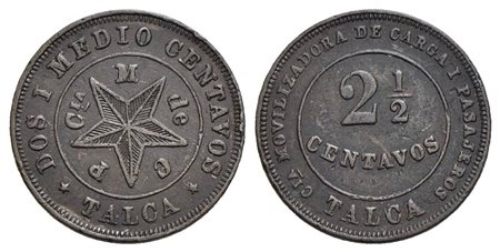 CILE. Repubblica. 2 e 1/2 centavos. Talca. Gettone per il trasporto...