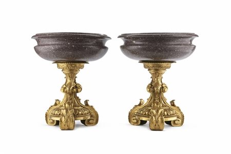 Coppia di alzate con coppa circolare in porfido, sostegno in bronzo dorato con