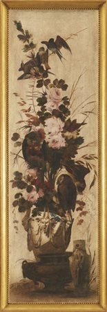 Giuseppe Bernardino Bison Composizione con vaso di fiori e volatiliTempera su