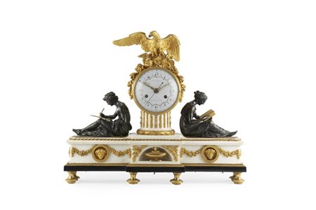 JULIEN BELIARD
Pendola in marmo bianco, bronzi dorati e patinati modello ''Les