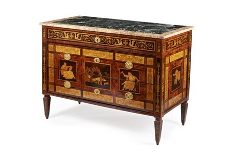 Cassettone lastronato in palissandro, bois de rose e bois de violette, filettat