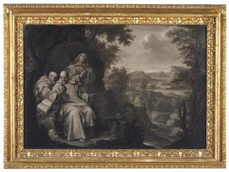 Francesco L'Ange Frati certosini in un paesaggioOlio su tela, cm 41x60In cor