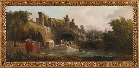 Hubert Robert Paesaggio con lavandaie presso un ponte

Olio su tela, cm 51x116