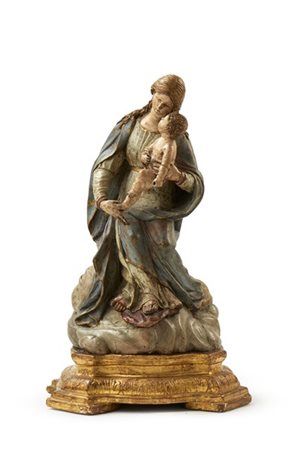 Artista napoletano, secolo XVIII. Madonna con bambino, scultura in legno intagl