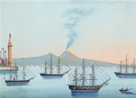 Scuola napoletana del secolo XIX - XXMarina napoletana con barche e Vesuvio