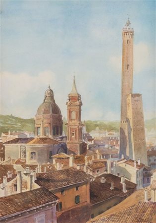 LUIGI BUSI (Bologna 1837 – 1884) "Veduta bolognese". Acquerello su carta. Cm 44,5x31,3....