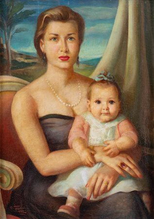 Pittore anonimo del XX secolo. "Ritratto di donna con bambina", 1952. Olio su...