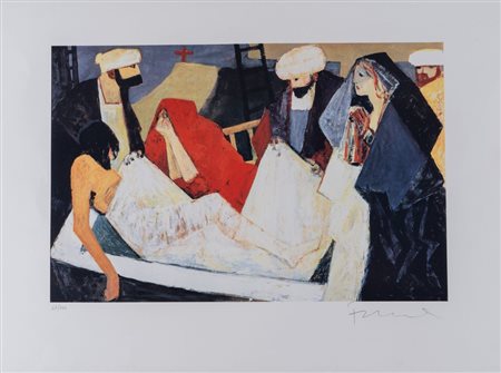 SALVATORE FIUME (Comiso 1915 - Milano 1997) "Compianto". Litografia a colori...