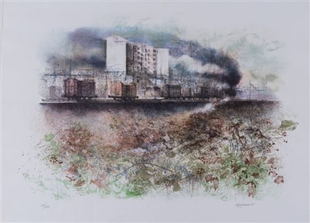 RENZO VESPIGNANI (Roma 1924 - 2001) "Periferia", 1987. Litografia a colori su...