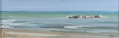GUIDO BUGLI (Bologna 1912 - 2003) "Marina", 1984. Olio su tela. Cm 26x80....