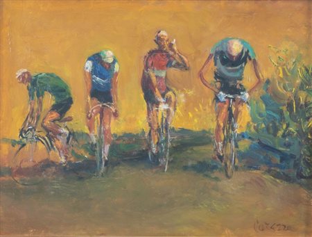 NINO CORRADO CORAZZA (Bologna 1897 - 1975) "Ciclisti". Olio su tavola. Cm...