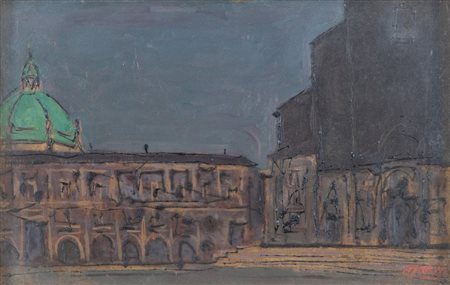 ANDREA RACCAGNI (Imola 1921- 2005) "Piazza Maggiore", 1945. Olio su tela...